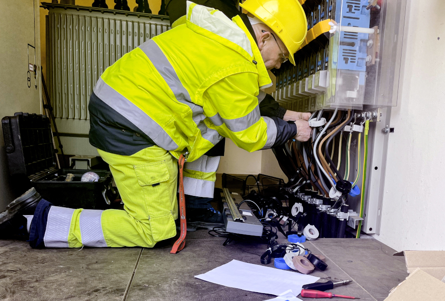 Ein Monteur stattet eine Trafostation der Stadtwerke Meerane mit digitaler Messtechnik aus.